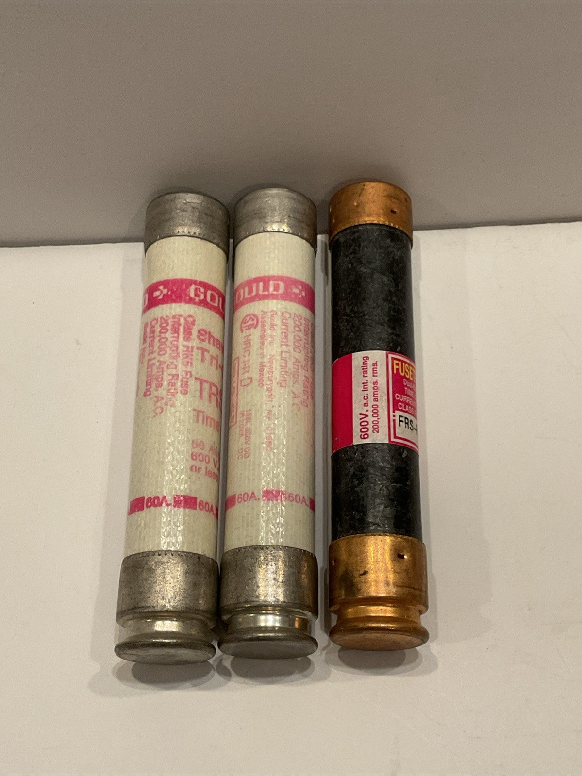 Lot of 3 fuses - 1 Fusetron FRS-R-60 Dual Element Time Delay and 2 Gould TRS60R