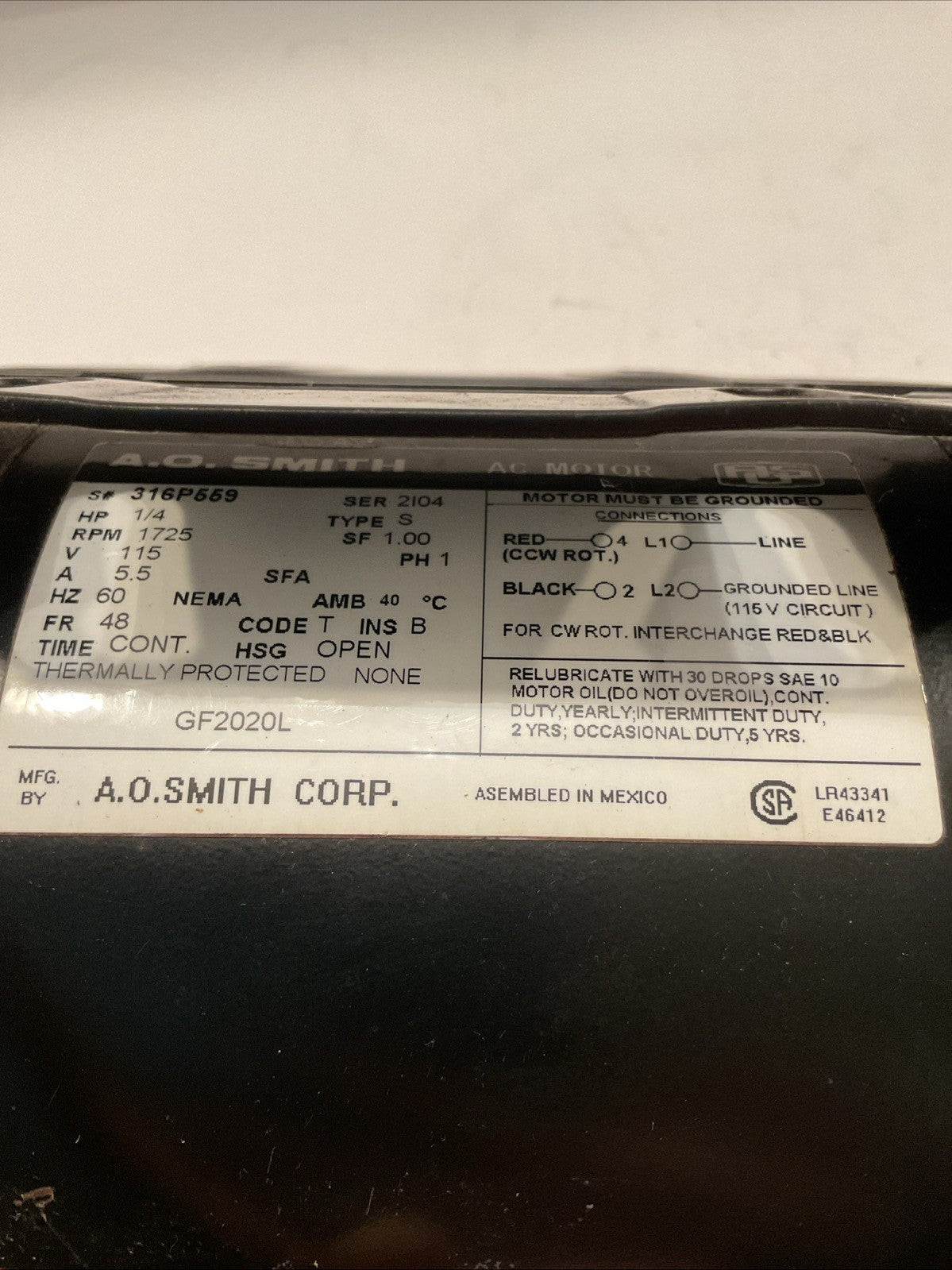 A.O Smith 316P559 1/4 HP Blower Motor, 115V, 1725RPM, 60HZ, FR 48