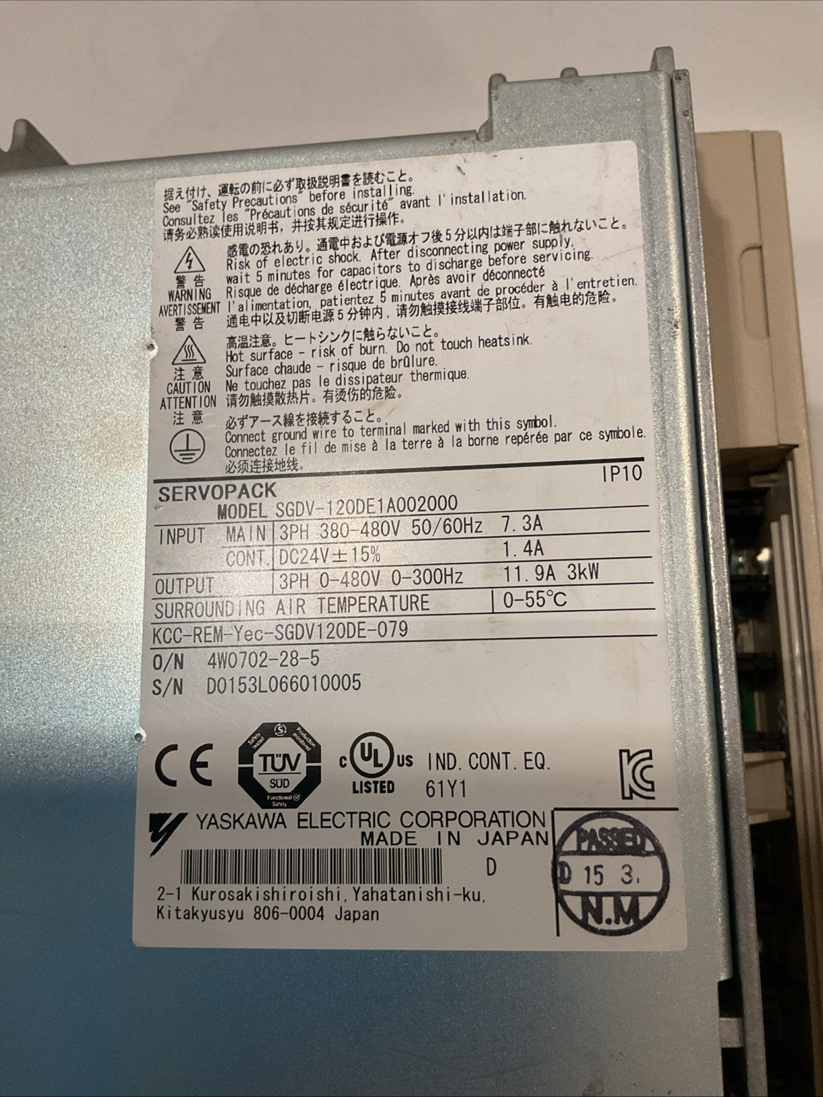 USED Yaskawa servopck IP10 SGDV-120DE1A002000300 Control option card MP2600iec
