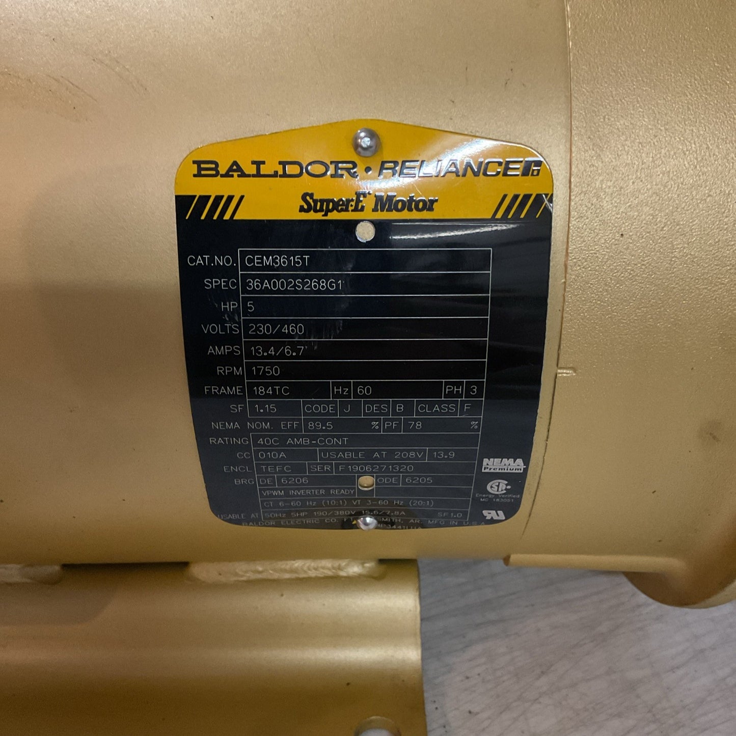 Baldor Reliance SuperE Motor CEM3615T 5 hp, 230/460V, 1755 RPM, Frame 184TC