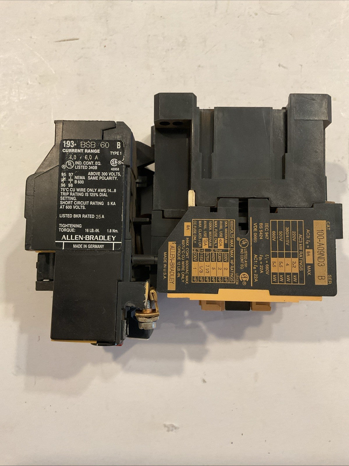 Allen-Bradley 100-A09ND3 Contactor B & 193-BSB60 Overload Relay, Series B