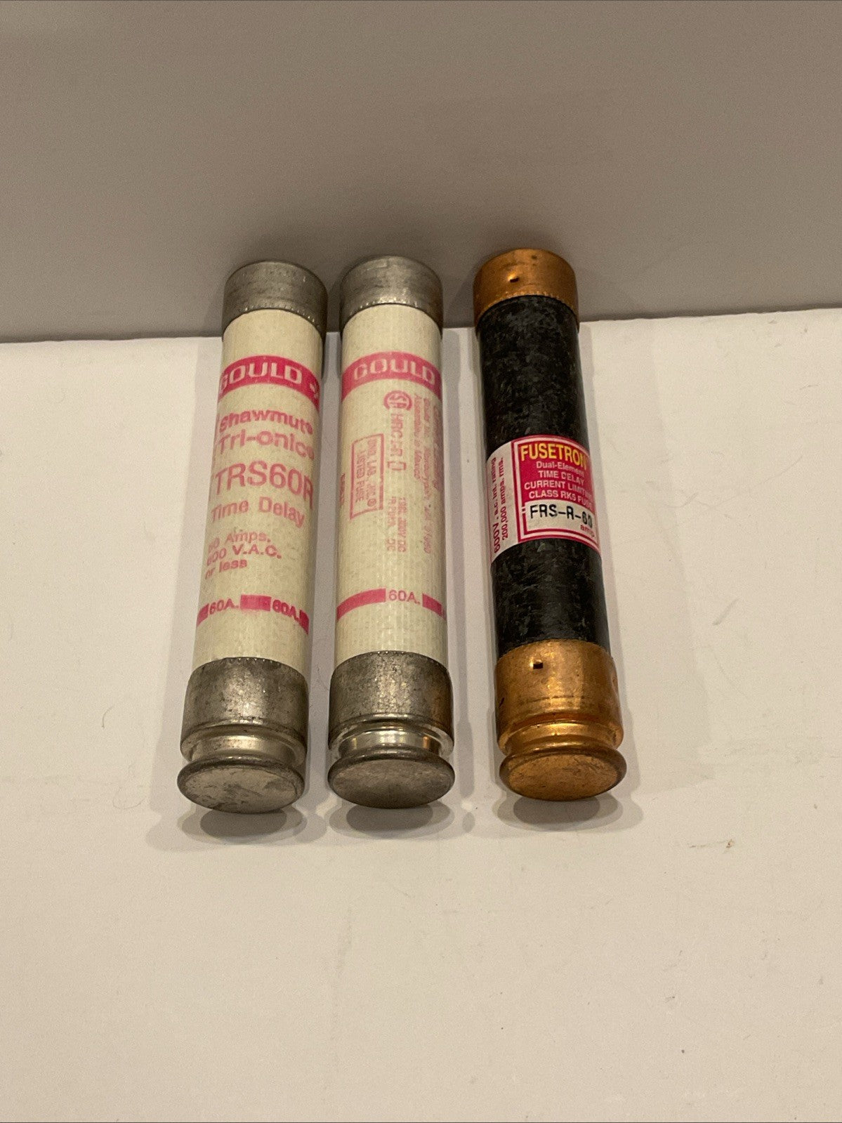 Lot of 3 fuses - 1 Fusetron FRS-R-60 Dual Element Time Delay and 2 Gould TRS60R