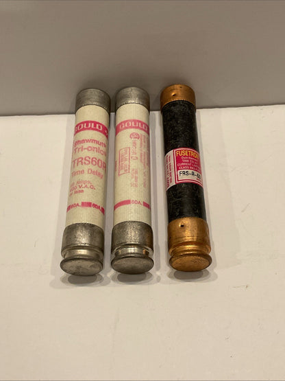 Lot of 3 fuses - 1 Fusetron FRS-R-60 Dual Element Time Delay and 2 Gould TRS60R