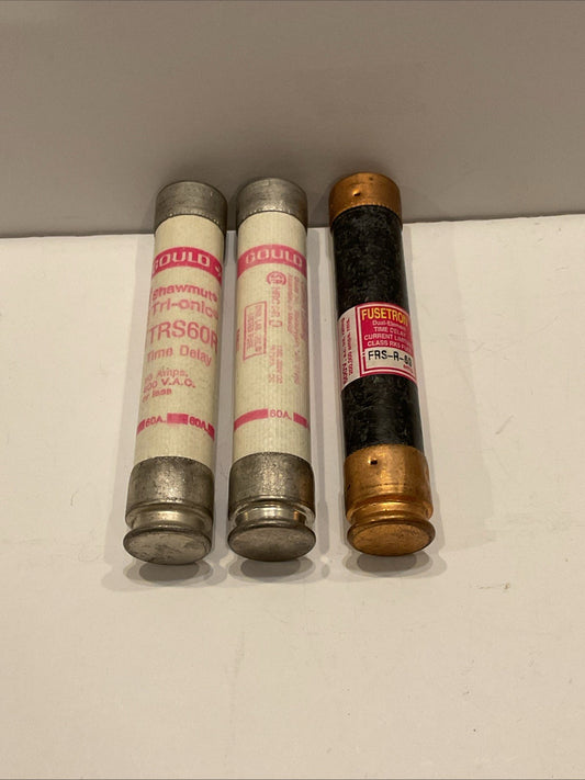 Lot of 3 fuses - 1 Fusetron FRS-R-60 Dual Element Time Delay and 2 Gould TRS60R
