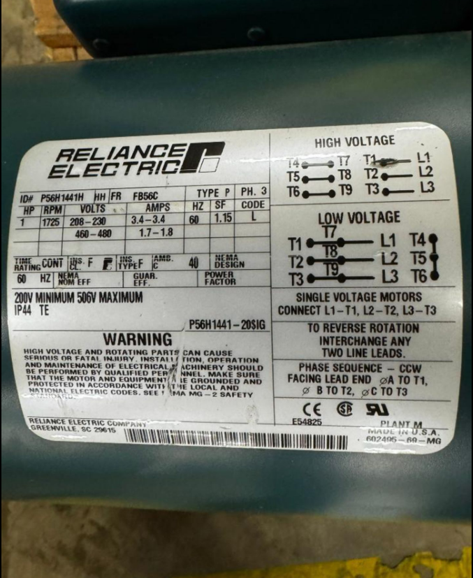 Reliance Electric Electric Motor P56H1441H  1 HP  1725 RPM 208-230V / 460-480