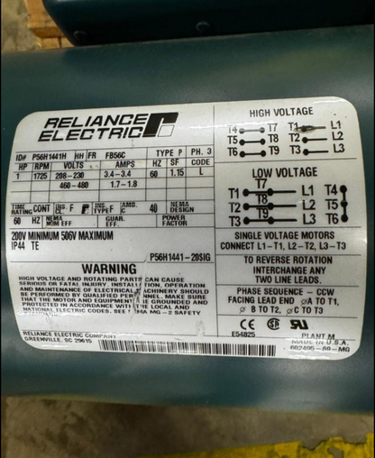 Reliance Electric Electric Motor P56H1441H  1 HP  1725 RPM 208-230V / 460-480