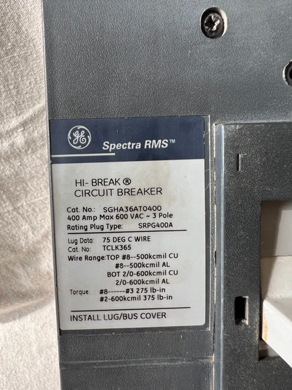 GE SGHA36AT0400 300/400A Circuit Breaker 3P SRPG400A300 Untested