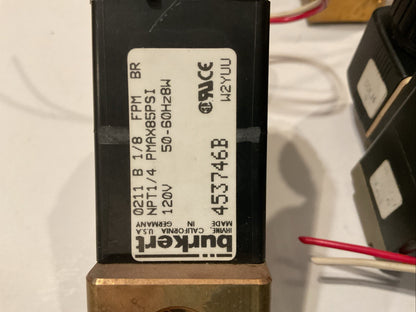 QTY 8 BURKERT  #TYPE 0211B  SOLENOID VALVE (120V 50/60 Hz) 85 PSI MAX. 1/4” NPT