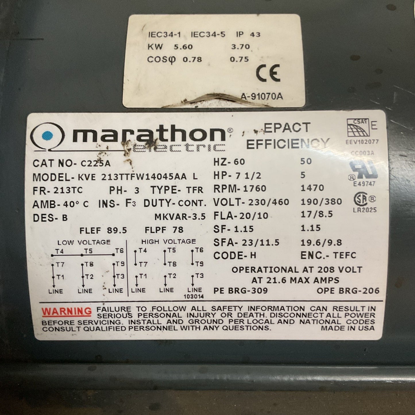 MARATHON 7VE213TTFW7046AB L  7.5 HP  MOTOR 230/460V 3-PHASE 1755 RPM 213TV FRAME