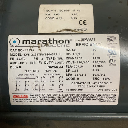 MARATHON 7VE213TTFW7046AB L  7.5 HP  MOTOR 230/460V 3-PHASE 1755 RPM 213TV FRAME