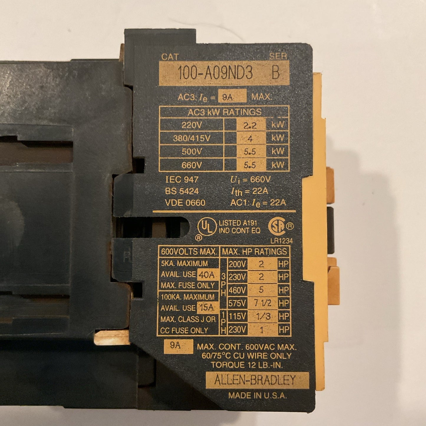 (2)Allen-Bradley 100-A09ND3 Contactor B & 193-BSB30 Overload Relay, Series B