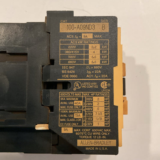 (2)Allen-Bradley 100-A09ND3 Contactor B & 193-BSB30 Overload Relay, Series B