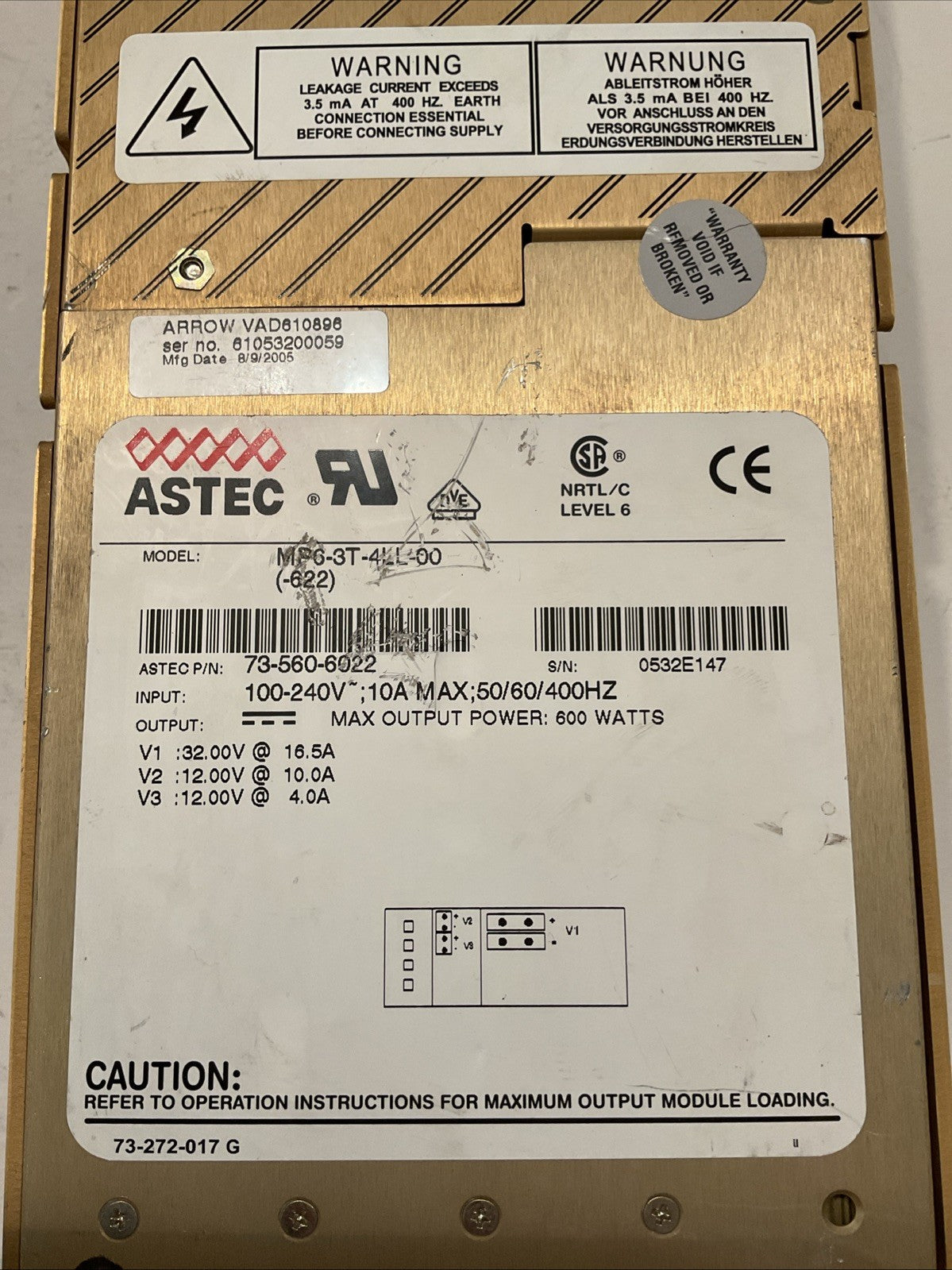 ASTEC #MPS6-3T-4LL-00(-622), 73-560-6022  POWER SUPPLY (100-240VAC) (600Watts)