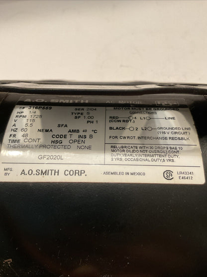 A.O Smith 316P559 1/4 HP Blower Motor, 115V, 1725RPM, 60HZ, FR 48