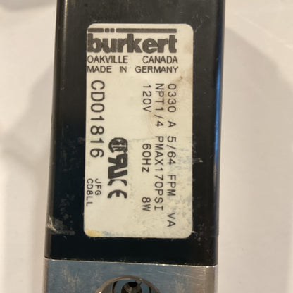 QTY 4 BURKERT CD0186 0330-A-5/64-FPM-VA VALVE NPT 1/4 PMAX 170PSI 120V 60Hz 8W