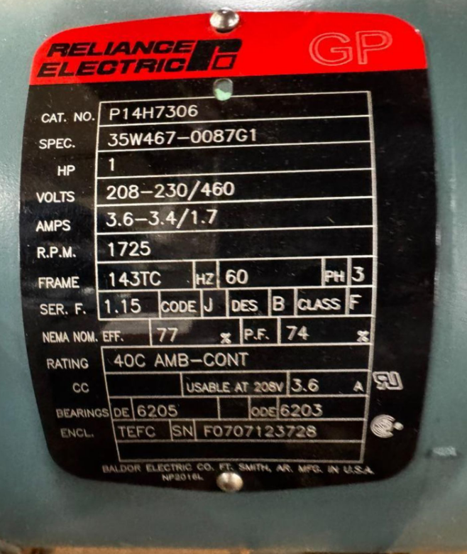 Reliance P14H7306  35W467-0087G1 - 1 Hp AC Motor 230/460 V, 1725rpm, 143Tc Frame