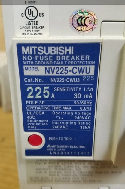 Mitsubishi NV225-CWU3 Circuit Breaker 225 Amp 240VAC 3 Phase with On/Off Switch