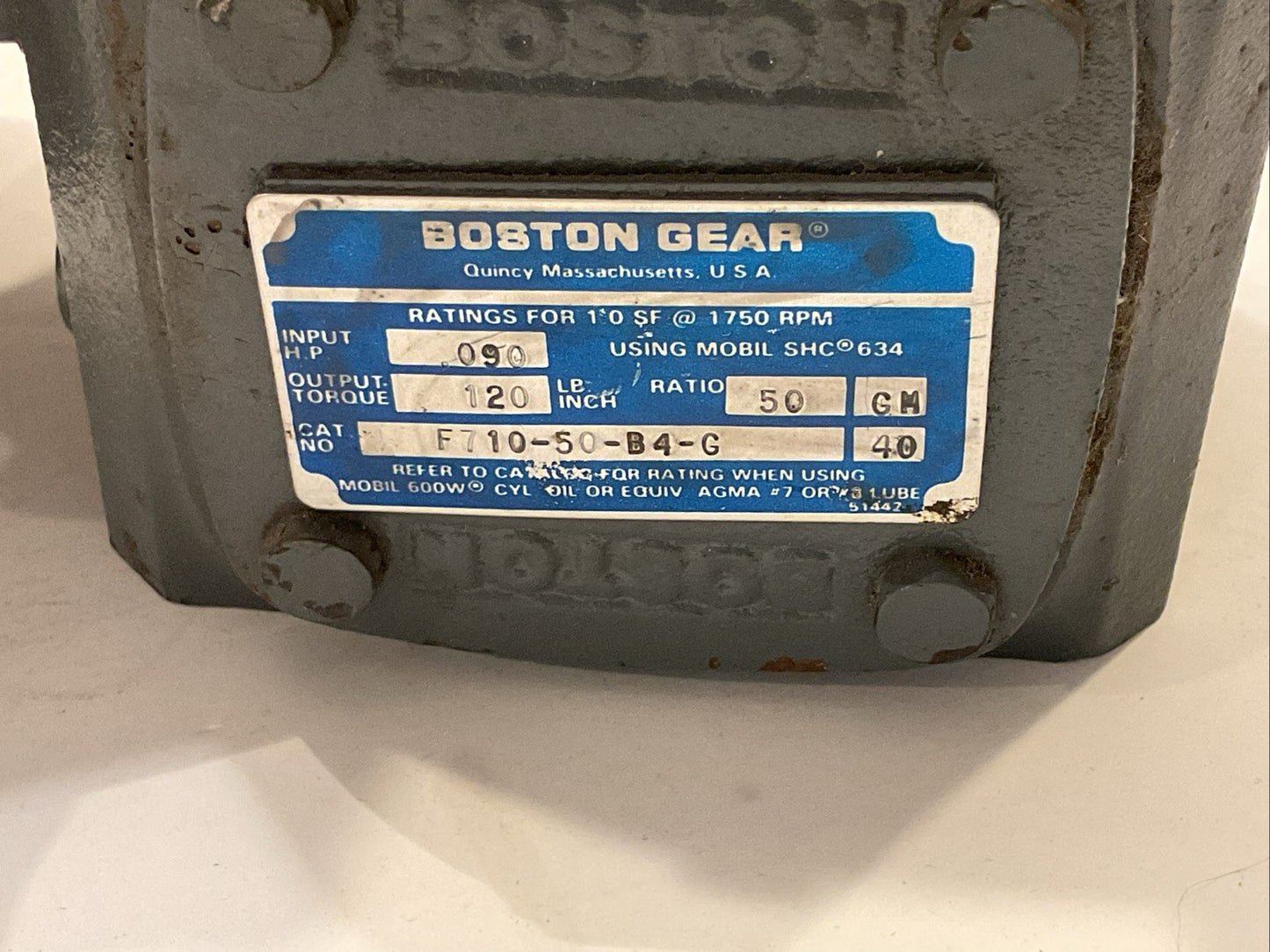 Boston Gear F710-50-B4-G Right Angle Worm Gear Ratio 50:1 .09HP output 120 inlbs