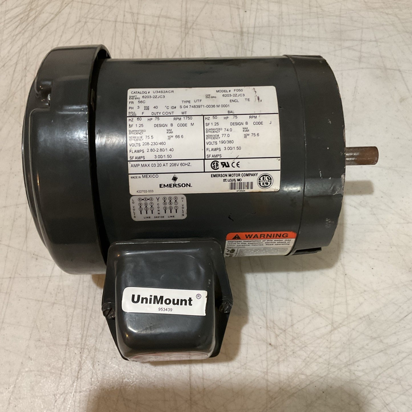 US Motors U34S2ACR Electric Motor F050 56C 0.75HP 230/460V 1750RPM 3PH 50/60Hz