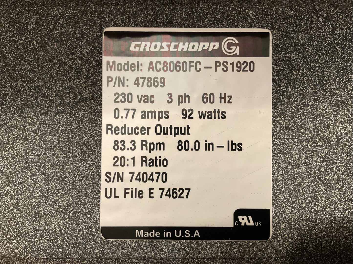 NEW GROSCHOPP AC8060FC-PS1920 P/N 47869  20:1 RATIO