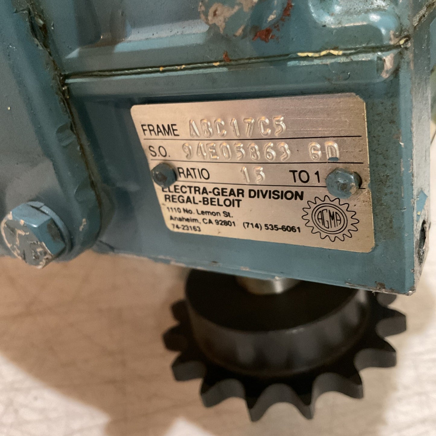ELECTRA GEAR, GEAR REDUCER, ABC1C5 FRAME, 94E05863 6D, RATIO: 15 TO 1