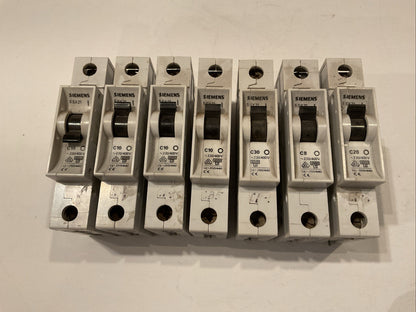 LOT OF 7 5SX21 Siemens Circuit Breaker 250/400V 1 Pole (C8, (4)C10, C20 and C30)