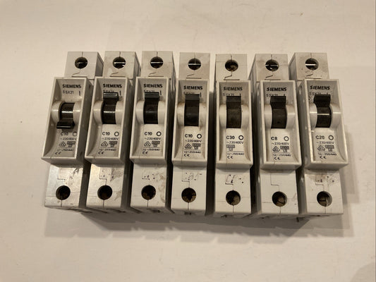 LOT OF 7 5SX21 Siemens Circuit Breaker 250/400V 1 Pole (C8, (4)C10, C20 and C30)