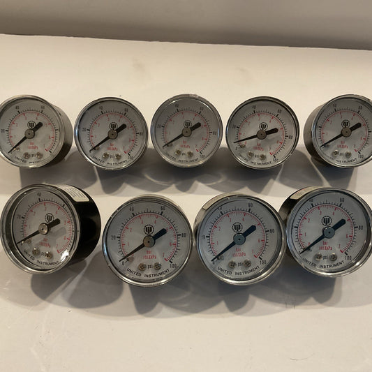 Qty 9 - 1-1/2" United Instrument Steel Pressure Gauge Center Back 100psi / 7Bar