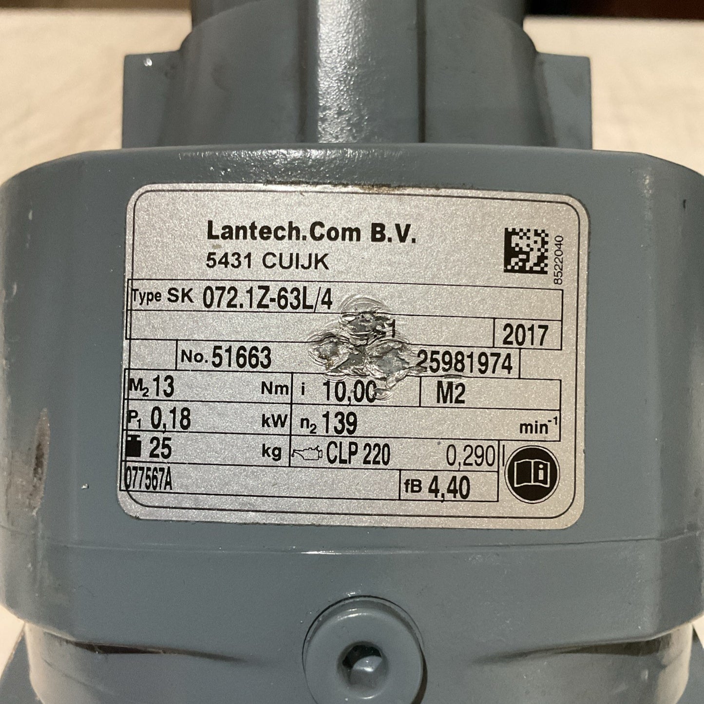 NEW OLD STOCK! LANTECH .18kW GEAR MOTOR 072.1Z-63L/4 51663