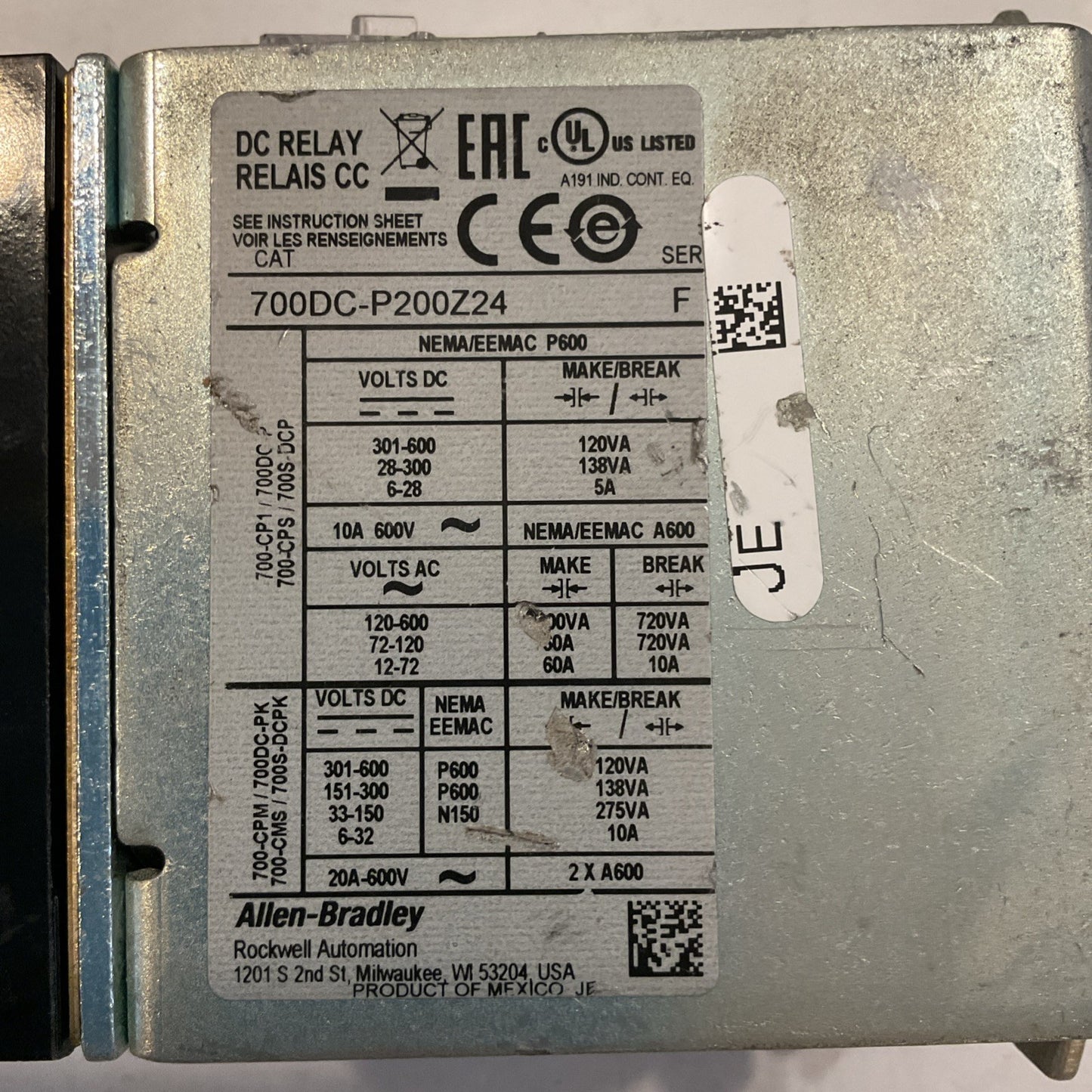 Allen Bradley 700DC-P200Z24 Ser F DC Industrial Relay 10A / 600VDC
