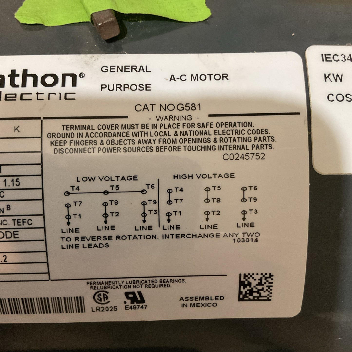 MARATHON MOTOR  / G581V J H 56T17F5321J / 1/2 - 208-230/460V V