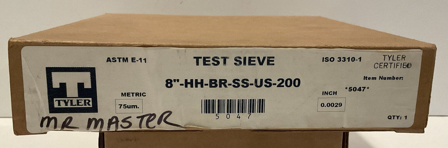 W.S. Tyler No. 200 Certified 5047 Half Height Test Sieve. 8"-HH-BR-SS-US-200