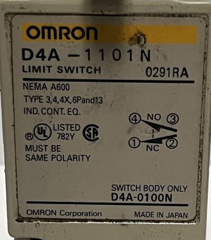 Omron D4A-1101-N Limit Switch, GP, SPDT, Double Break, 10A, 600V AC, D4A Series