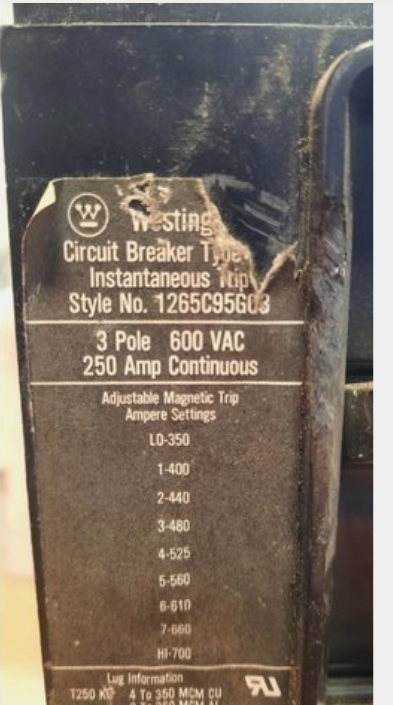 WESTINGHOUSE  #1265C95G03  CIRCUIT BREAKER (250 AMP, 600VAC, 3 POLE)