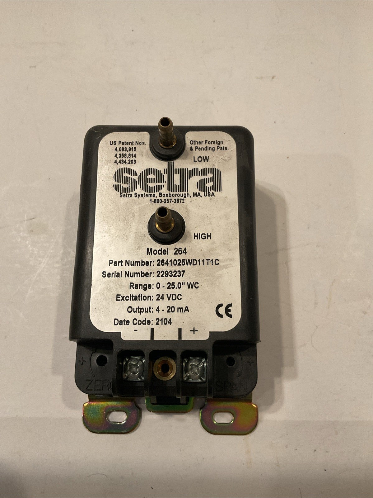 Setra 264 Pressure Transducer Transmitter 24VDC 2641010WD11T1C
