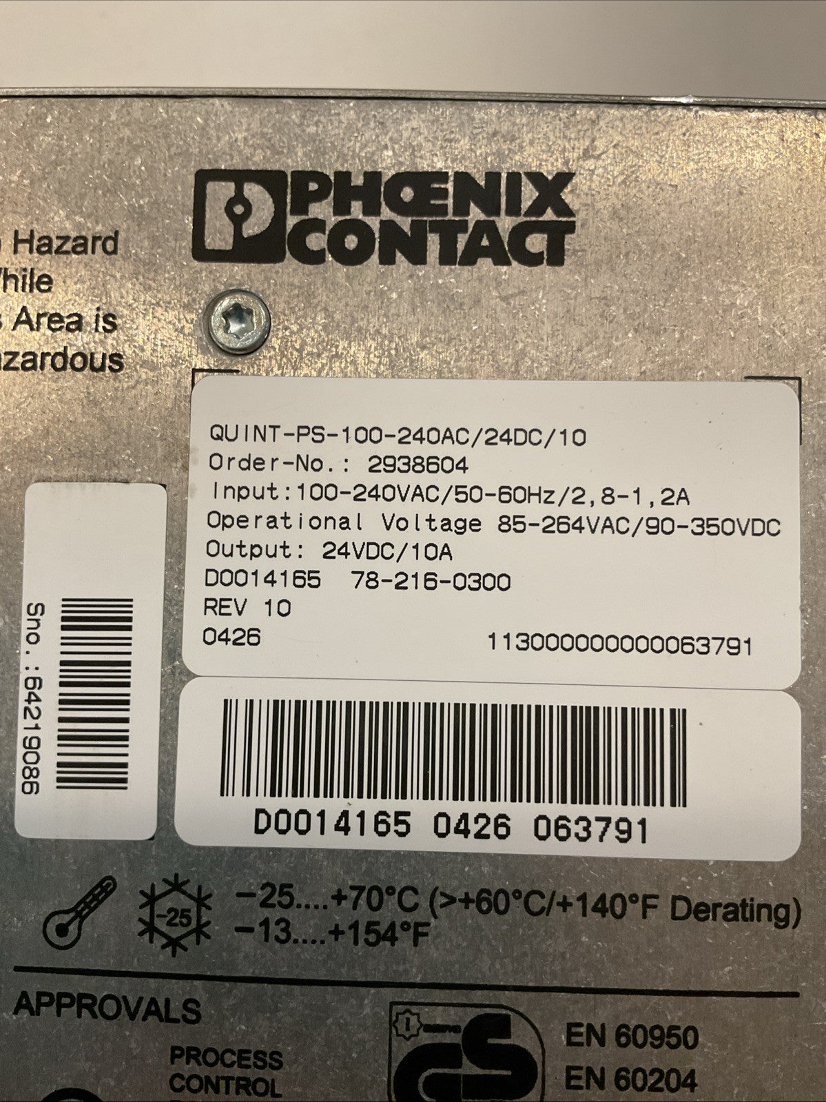 Phoenix Contact QUINT-PS-100-240AC/24DC/10 DIN Rail Power Supply ord#2938604