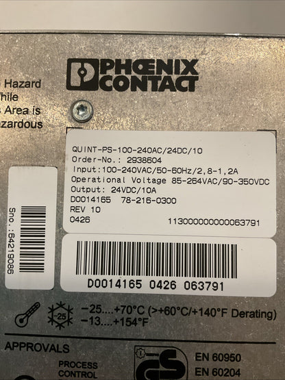Phoenix Contact QUINT-PS-100-240AC/24DC/10 DIN Rail Power Supply ord#2938604