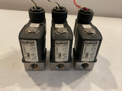 Qty 3 BURKERT 456337U 6013 A 1/8FPM SS SOLENOID /NPT 1/4/PMAX140psi/120V/60Hz/8W