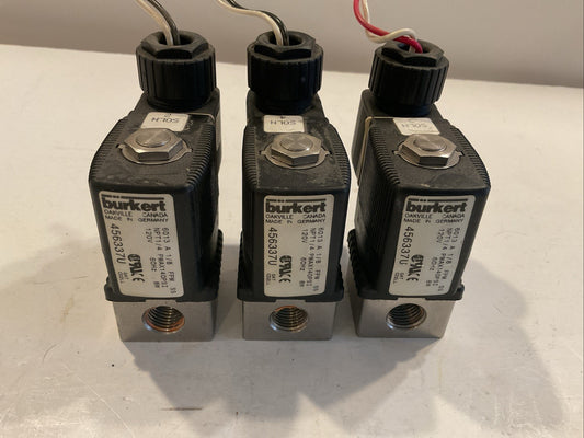 Qty 3 BURKERT 456337U 6013 A 1/8FPM SS SOLENOID /NPT 1/4/PMAX140psi/120V/60Hz/8W