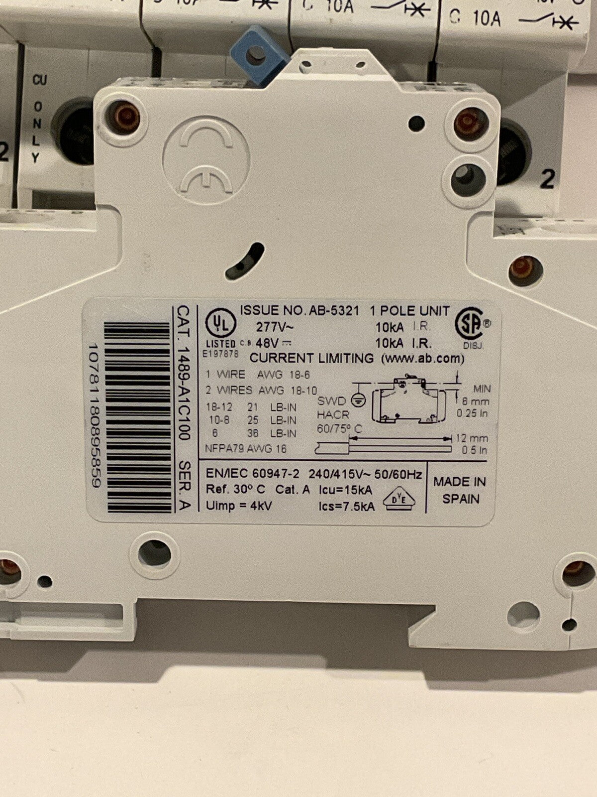 9x Allen-Bradley 1489-A1C100 Series A 10Amp Circuit Breaker