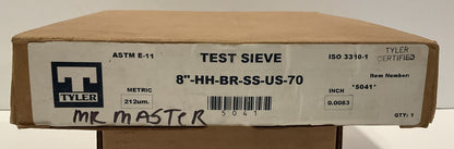 W.S. Tyler No. 70 Certified 5041 Half Height Test Sieve. 8"-HH-BR-SS-US-#70
