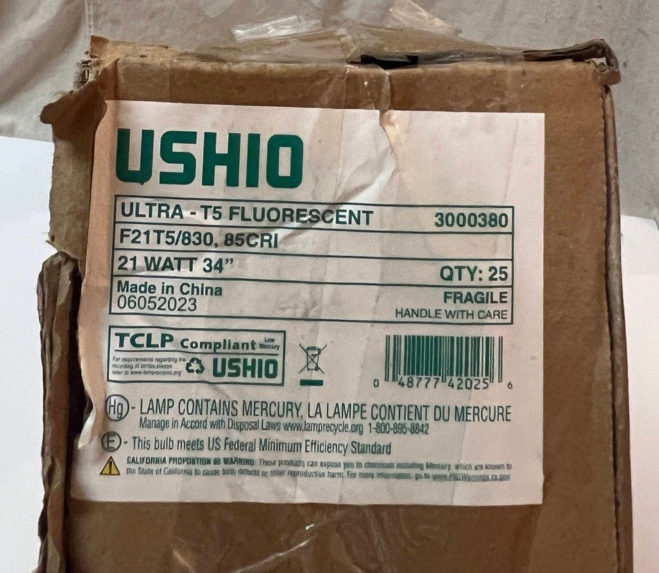 25 Pack USHIO ULTRA T5 21W 34" - F21T5/830, 85CRI Fluorescent Light Bulb  T5 34