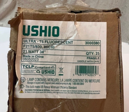 25 Pack USHIO ULTRA T5 21W 34" - F21T5/830, 85CRI Fluorescent Light Bulb  T5 34
