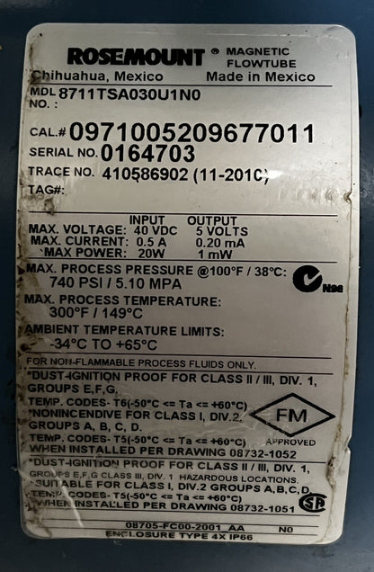 Rosemount 8711TSA030U1N0 Magnetic Flowtube & 8732EST1A1N0M4 HART Transmitter