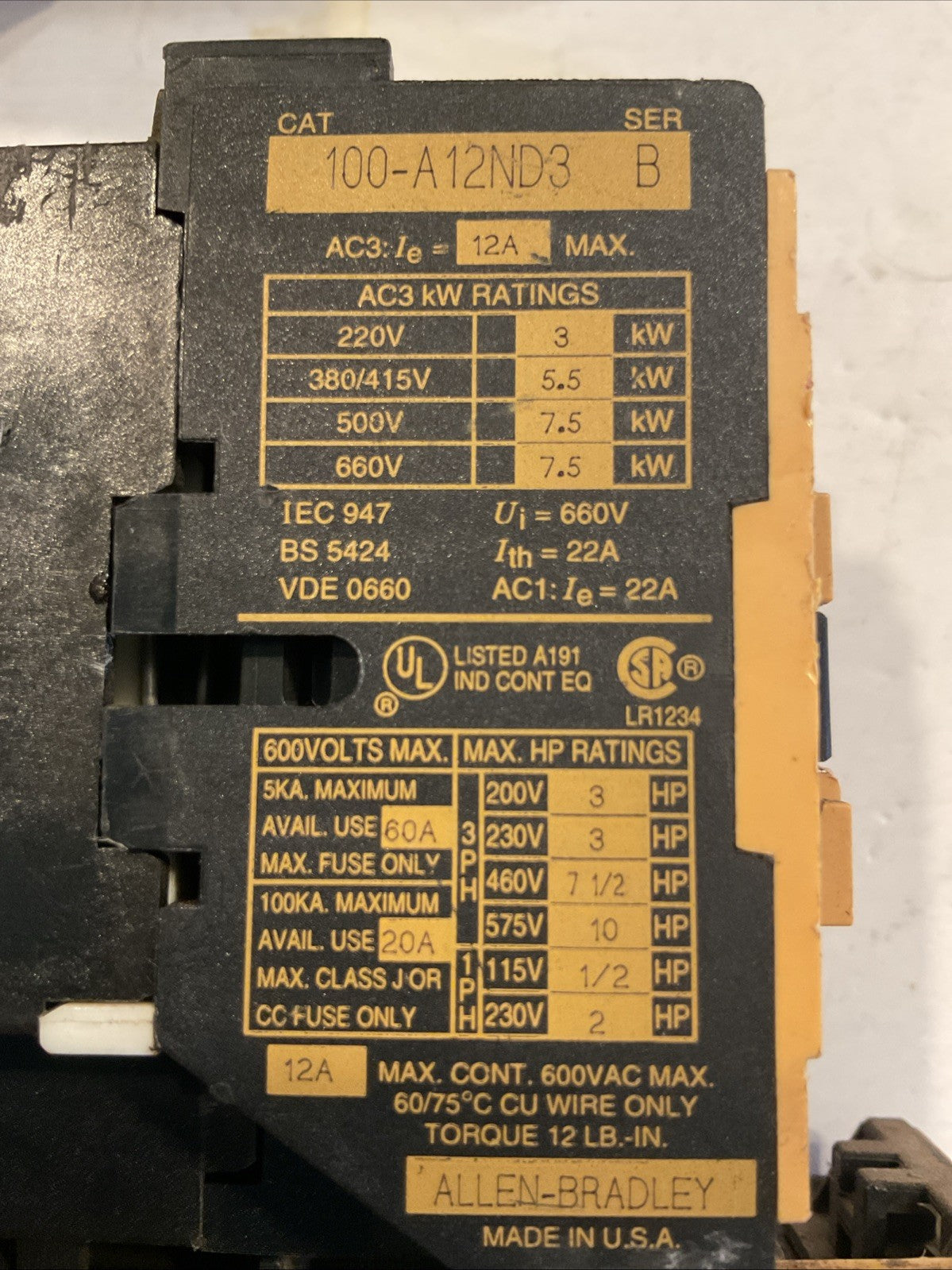 QTY 2 - Allen-Bradley 100-A12ND3/193-BSC10 Contactor with overload 120 volt coil