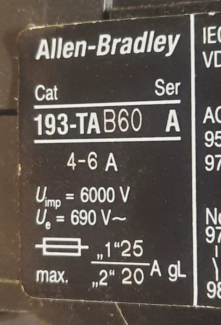 Qty 9 ALLEN BRADLEY  Cat# 193-TAB60 Ser. A  OVERLOAD RELAY (4-6A)
