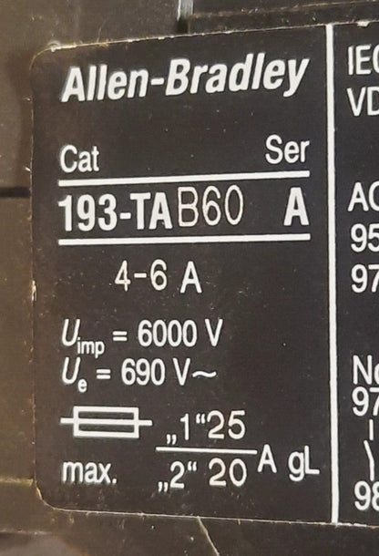 Qty 9 ALLEN BRADLEY  Cat# 193-TAB60 Ser. A  OVERLOAD RELAY (4-6A)