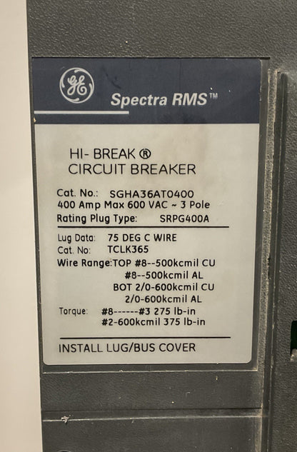 GE 400A 3P SGHA36AT0400 w/ 400A Rating Plug (SRPG400A00) & Mounting Hardware