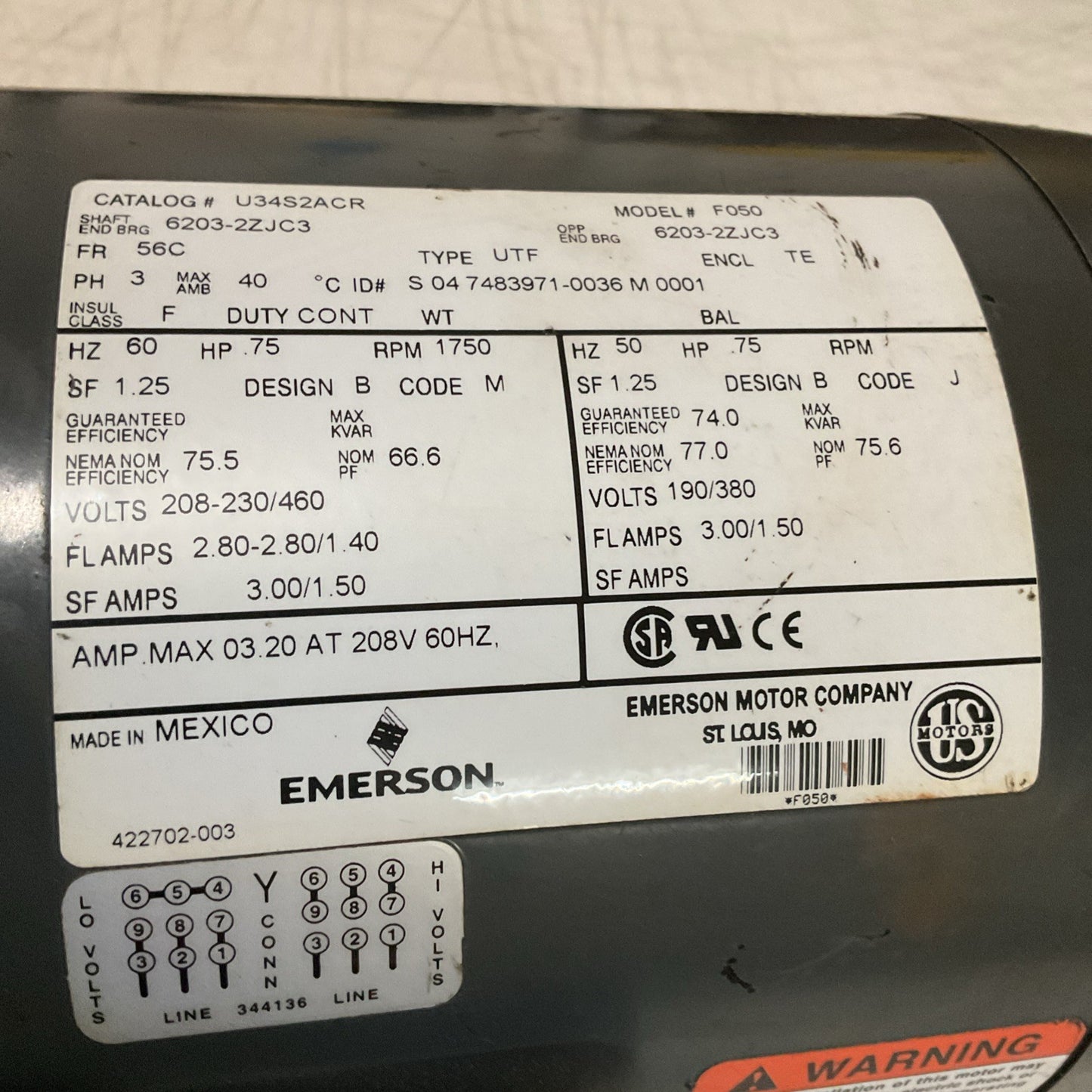US Motors U34S2ACR Electric Motor F050 56C 0.75HP 230/460V 1750RPM 3PH 50/60Hz