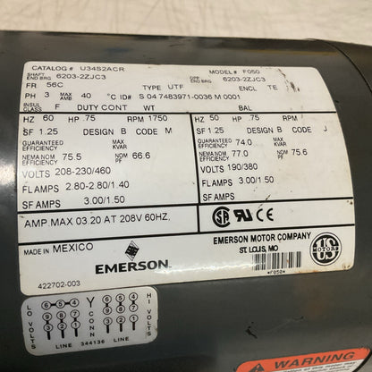 US Motors U34S2ACR Electric Motor F050 56C 0.75HP 230/460V 1750RPM 3PH 50/60Hz